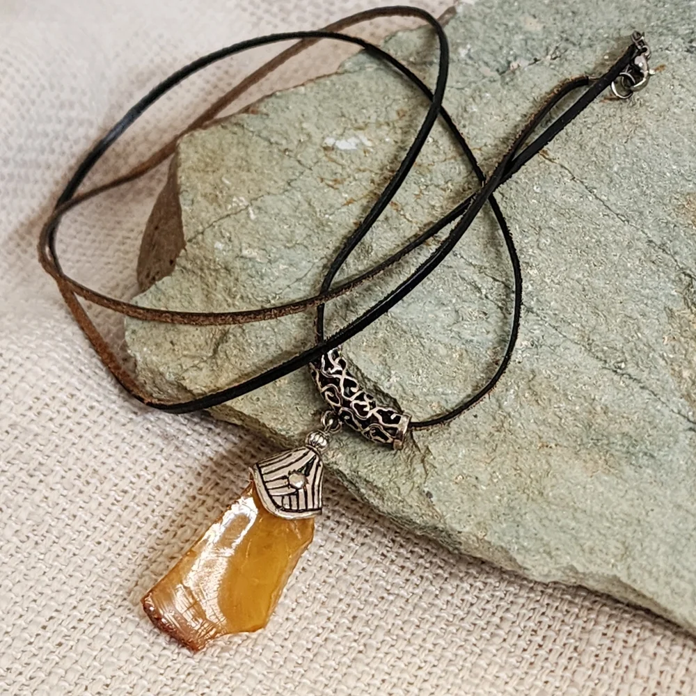 Amber Jewelry Natural Amber Nugget Rhodium Silver Pendant Genuine Leather